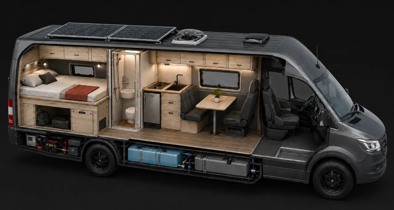 Visualización conceptual de un motorhome con distribución, baño, cocina y sistemas integrados